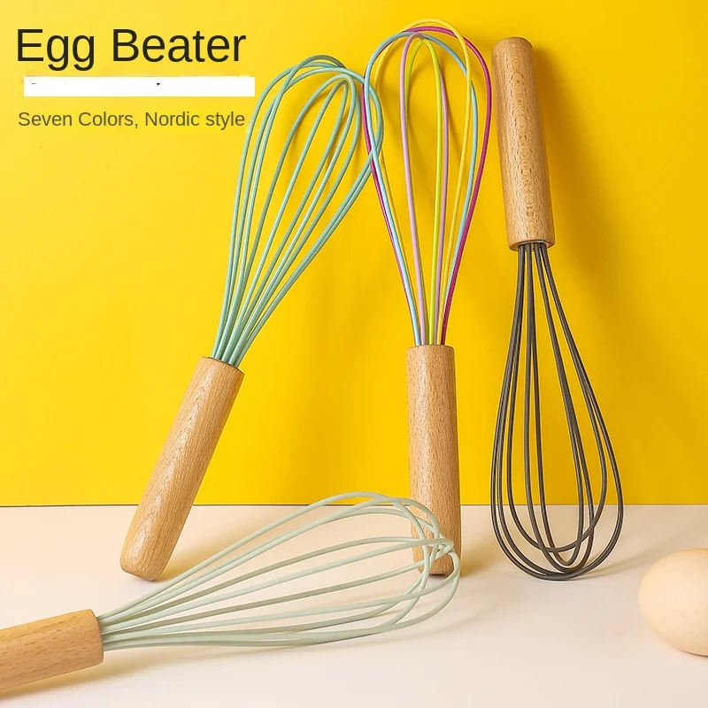 1pc silicone egg beater 10-inch wooden handle manual cake creamer and noodle mixer baking tool