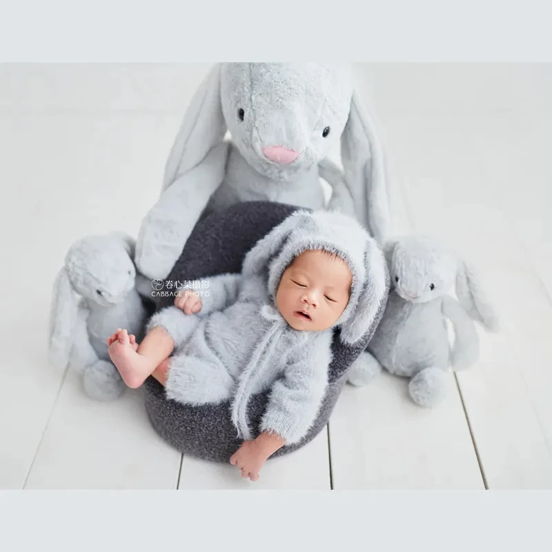 Fuzzy Newborn Bunny Outfit for Photography Props Knitting Pattern Newborn Bunny Romper Open Foot Baby Photo Rabbit Sleeper