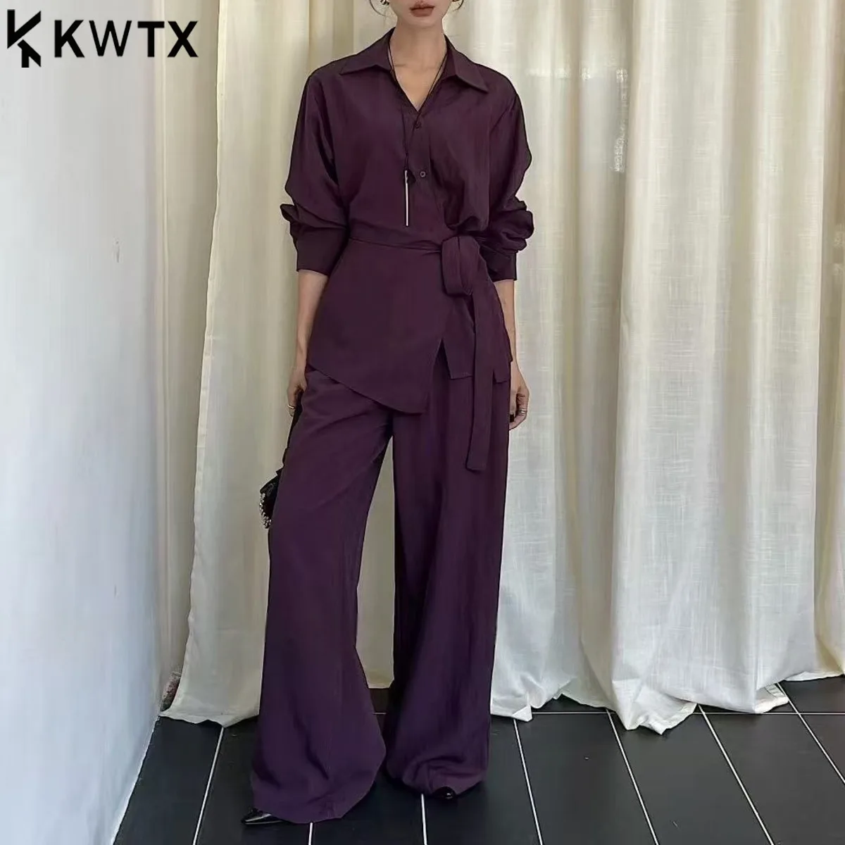 

KWTX Женский комплект из 2 предметов 2025SS Роскошная блузка с завязками на талии и широкие брюки Костюмы Элегантный облегающий минималистичный весна-лето