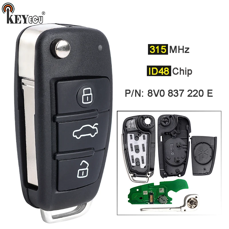 

KEYECU 315 МГц ID48 чип 8V0 837 220 E, 8X0 837 220 A флип-брелок с дистанционным управлением без ключа для Audi A3 S3 2012 2013 2014 2015 2016 2017