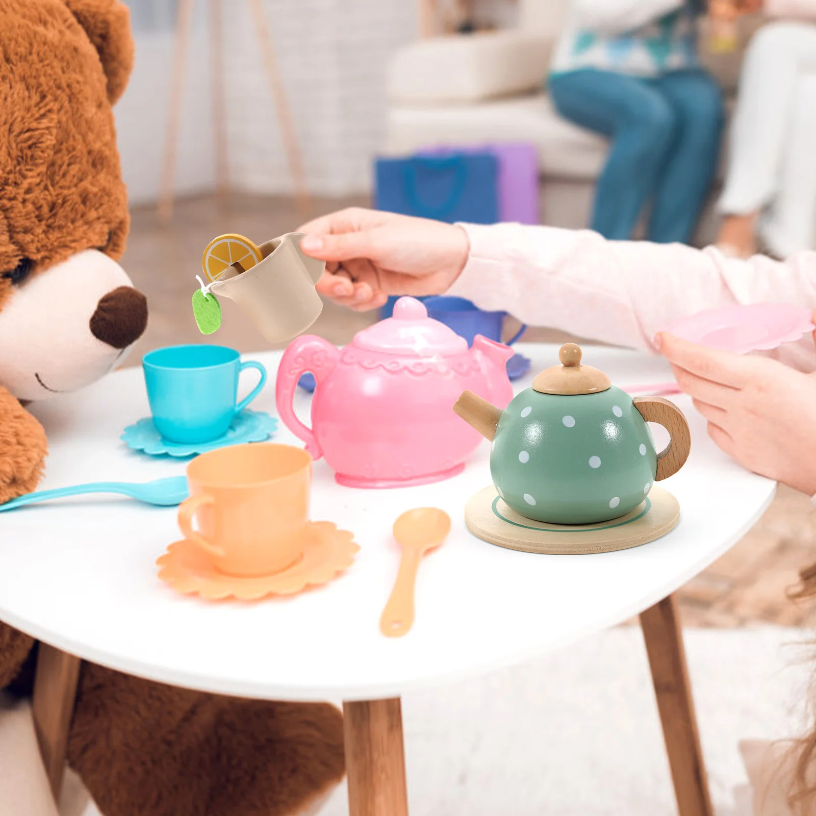 1 ensemble 1 ensemble de jeu de fête en bois pour enfants en bas âge Miniature enfant en bas âge semblant accessoires dessin animé théière jouer accessoires de cuisine