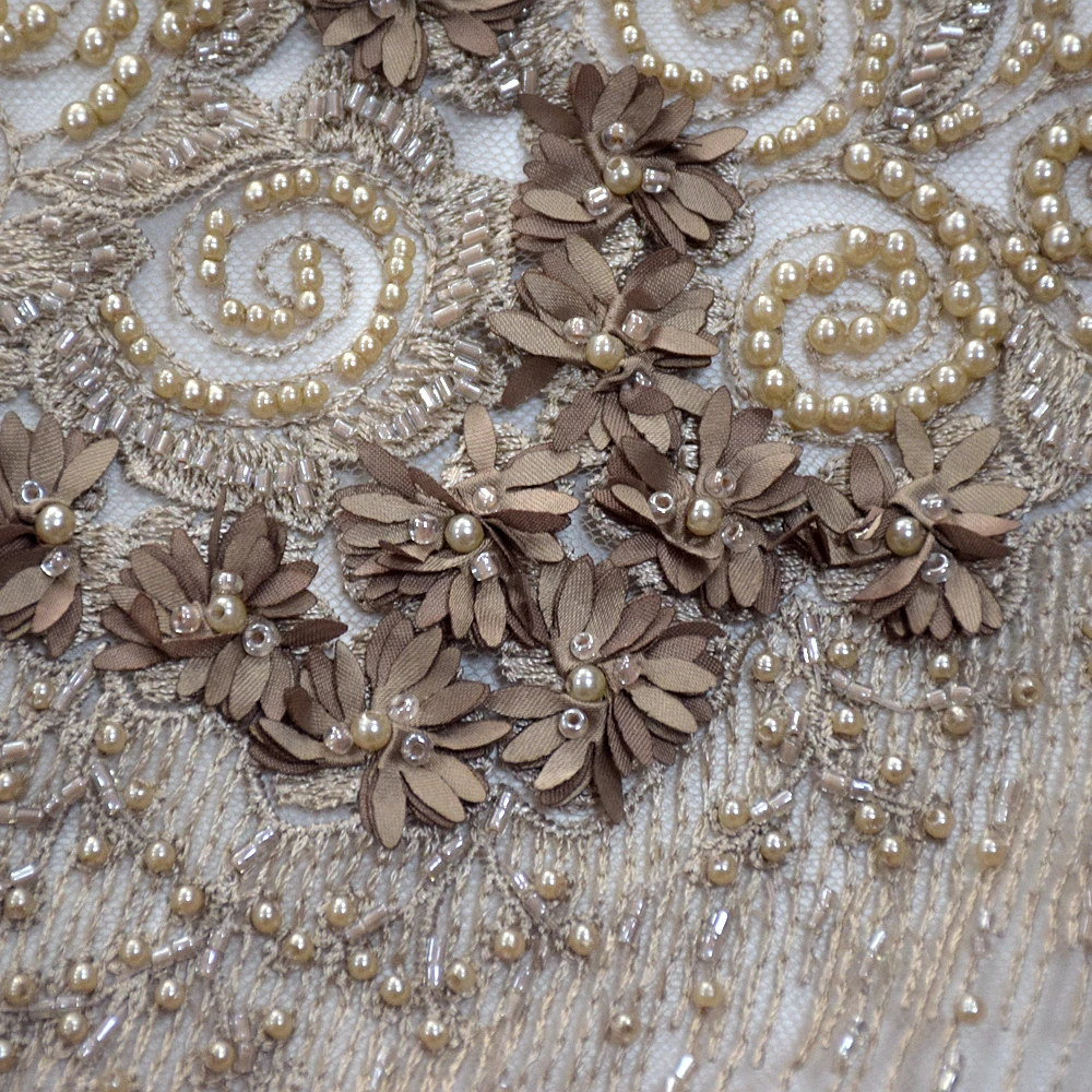 Luxurious Brown Heavy Handmade Beaded Lace With Sequins Chiffon Flower Embroidery Wedding Dress Fabric 1Yard HY0922-4