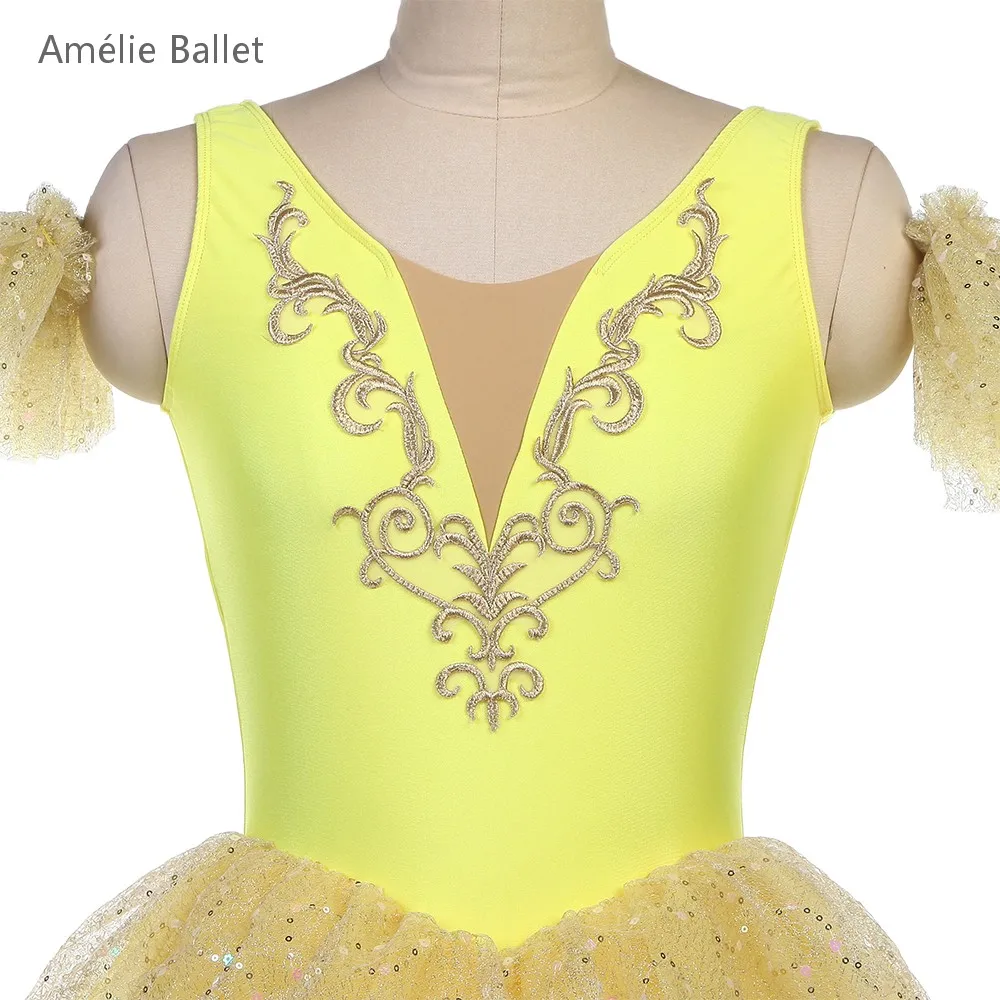 25099 Geel Spandex Top Lijfje met Gouden Trim Romantische Ballet Tutu Volwassen Meisjes Stage Performance Danskostuums