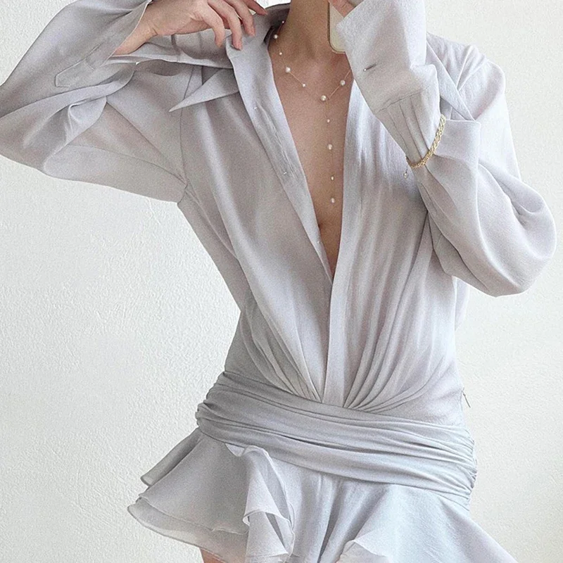 DSMTRC-Mini robe plissée en mousseline de soie pour femme, chemise en maille transparente, volants et épissures, vêtements de couverture, nouveau