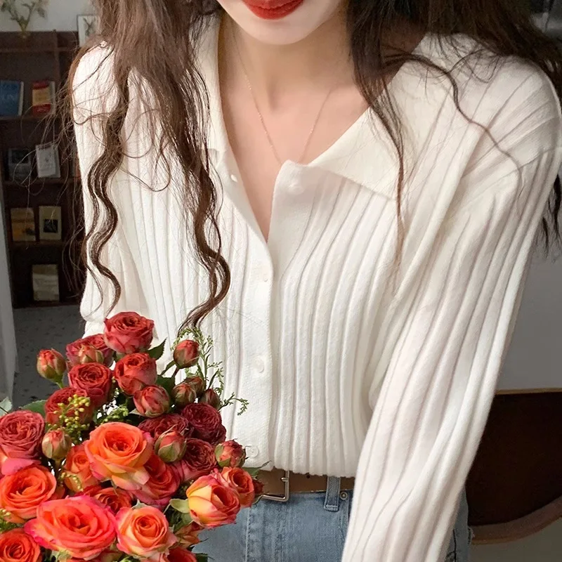 

Knitted Base Shirt Autumn Winter New Lazy Gentle Inner Sweater Turn-down Collar Cardigan Slim Fit Long Sleeve Top for Women