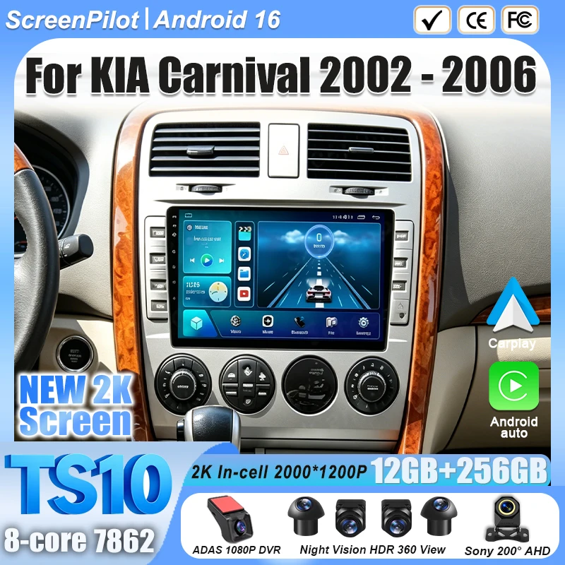 Android 16 For KIA Carnival 2002-2006 Car Radio Stereo Head Unit Multimedia Video Player GPS Navigation 2K QLED 9 Inch 5G 8 Co