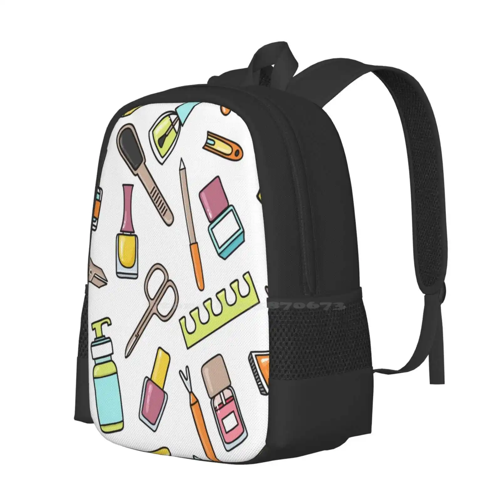 Pattern Of Manicure And Pedicure Doodle Equipment. Nail Art School Bags Travel Laptop Backpack Pattern Manicure Nail Polish