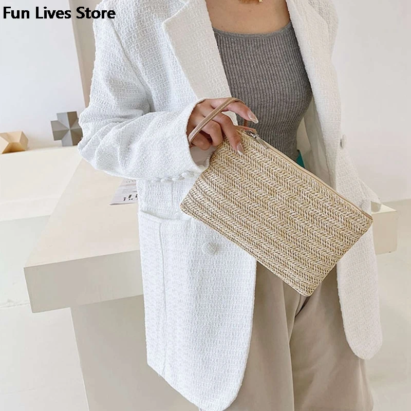 Straw Beach Bag Vintage Handmade Woven Shoulder Bag Raffia Square Rattan Purse Bohemian Summer Vacation Casual Bags Large Wallet