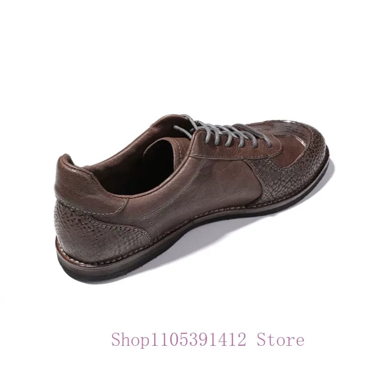 Vintage Horsehide Sneakers Patchwork Hand‑Stitched Lace‑Up Casual Daily Men Footwear Outdoor Walking Shoes