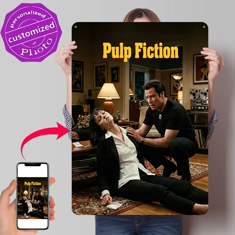 Pulp Fiction Movie Scene 3D Printed Texture Poster Personalized Wall Art Retro Metal Tin Signs for Living Room Decoration Decor