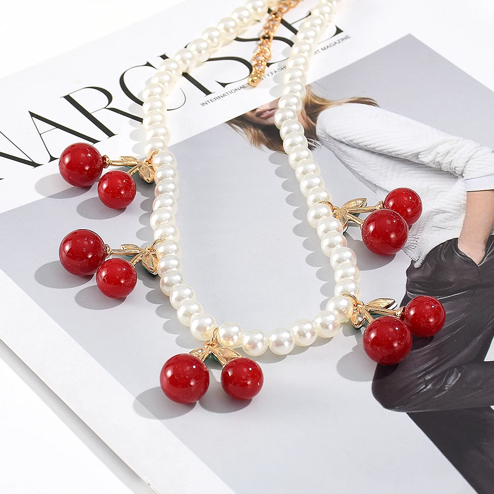 Fashion Red Cherry Imitation Pearl Necklaces for Women Girls Korean Cute Fruit Choker Necklaces Party Jewelry Gifts