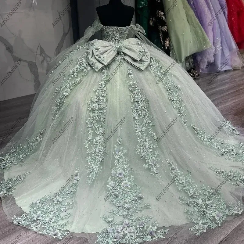 Sage Green Quinceanera Dresses Floral Lace Applique Off the Shoulder Straps Corset Back Bow Customized Vestidos De 15 Anos