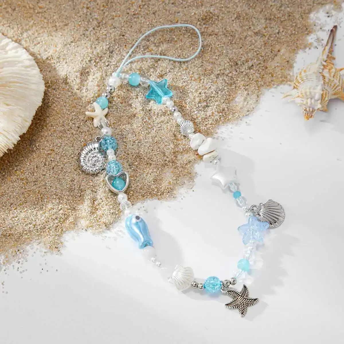 KunJoe Boho Blaue Acryl Perlen Liebe Stern Telefon Kette Frauen Seestern Jakobsmuschel Muschel Anhänger Telefon Kette Schlüsselbund Tasche Zubehör