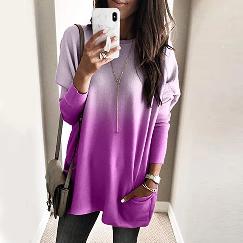 

Gradient Color Tees All-match Spring Fashion Tops 4 Colors Oversized Women O-neck Long Sleeve Loose Casual T-Shirt with Pocket