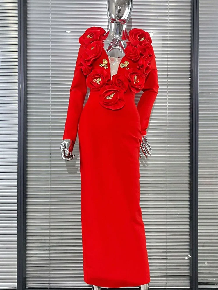 مثير ضيق التفاف الدكتور مع تصميم زهرة ثلاثية الأبعاد ل الاسمية والعشاء طويل Sve V-Ne ثوب مسائي البوليستر والمواد دنة #5