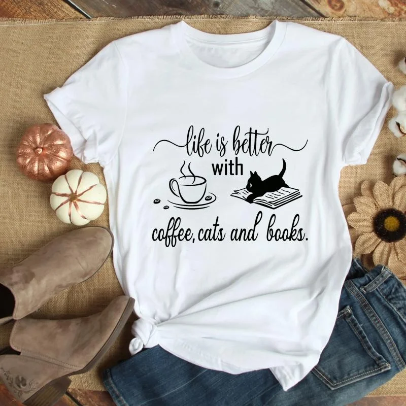 

Funny New Personalized Cat Book Coffee Pattern Printed T-Shirt Funny Cat Shirt Round Neck Short Sleeve Casual Shirt