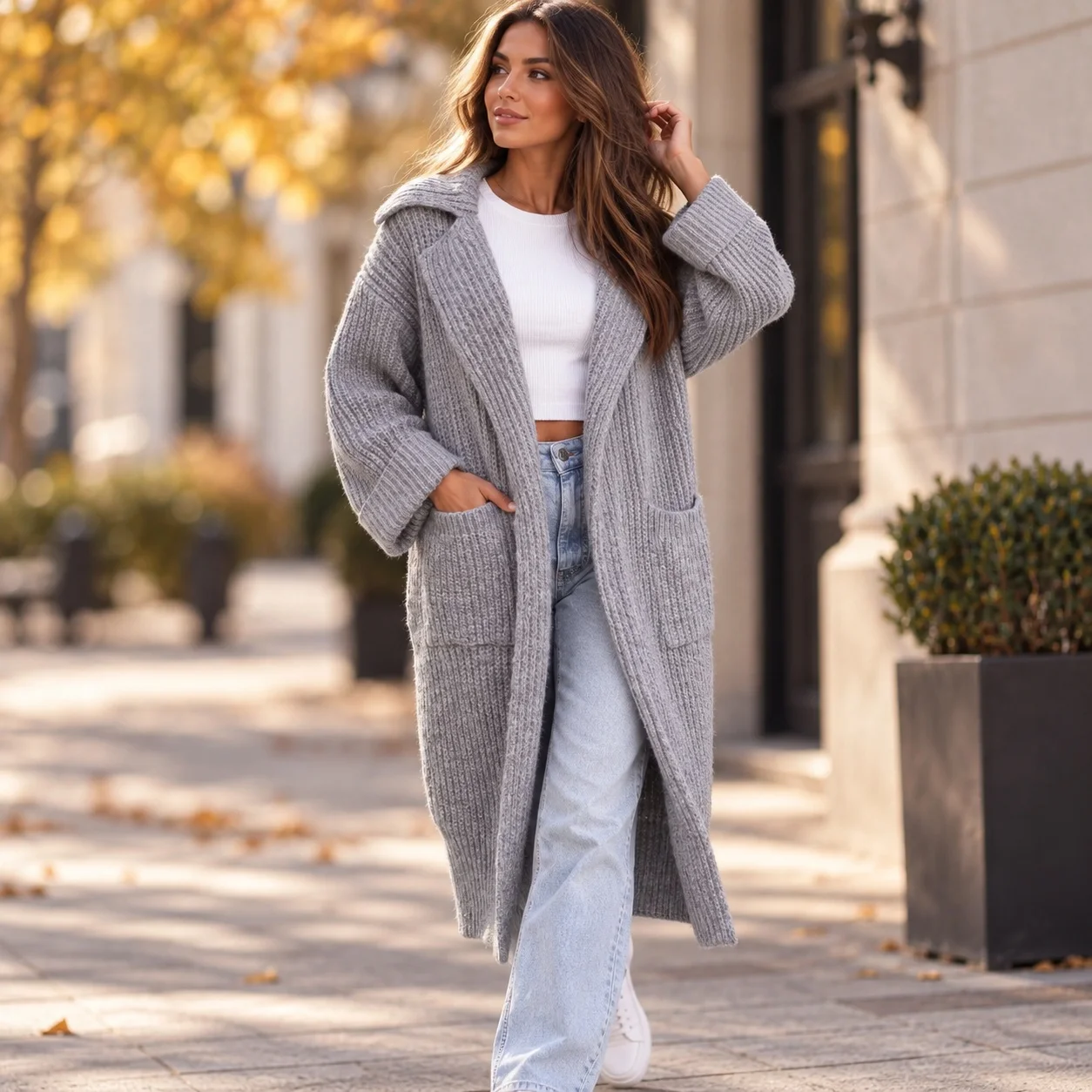 Pocket Turn Down Collar Sweater Loose Fit Elegant Commuter with Mid Long Length Casual Winter Thick Single Cardigan for Women