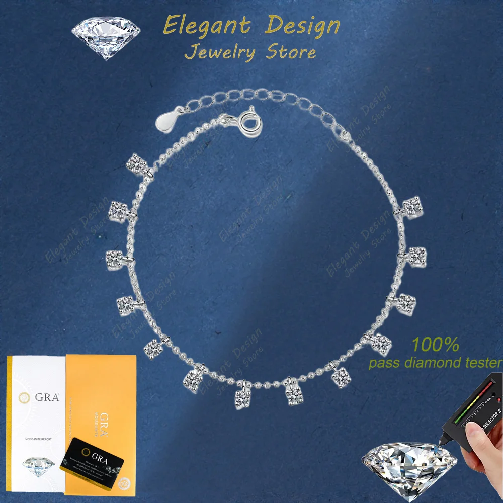

Elegant Design 1.3/3.9ct Full Diamond Tennis Bracelet, Platinum PT950 Moissanite Tassel Chain Bracelet for Women GRA Certified