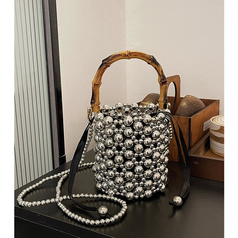 

Women New Beaded Design Metal Bucket Crossbody Bag National Style Summer New Chinese Bamboo Knot Handbag Small Carrying Bag