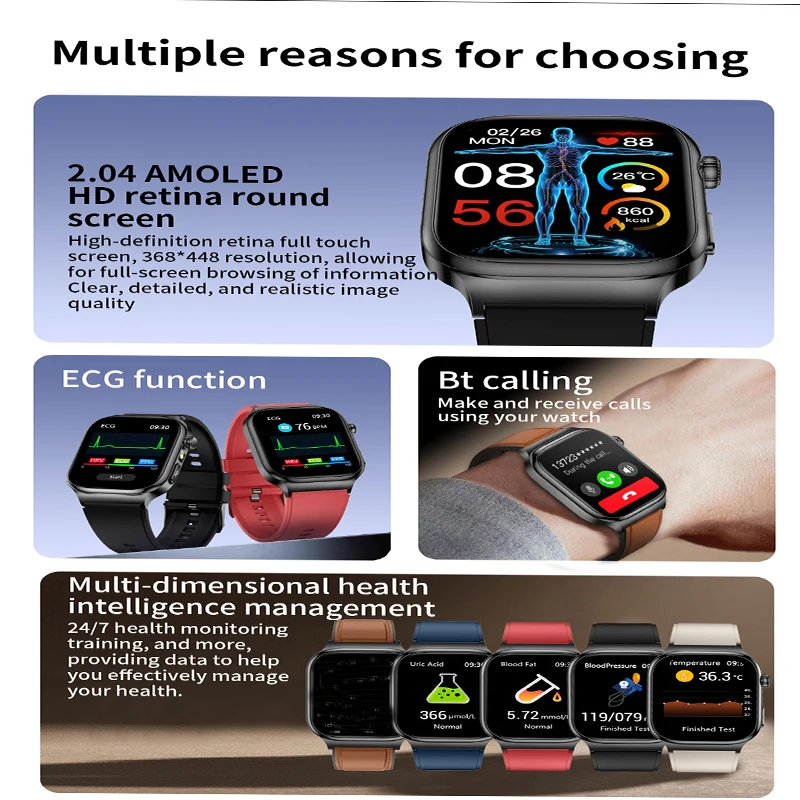 2025NEW ECG Blood Pressure Blood Oxygen Heart Rate Temp Blood Fat Uric Acid Health Diagnosis AMOLED 650mAh 5.3BT Call SmartWatch