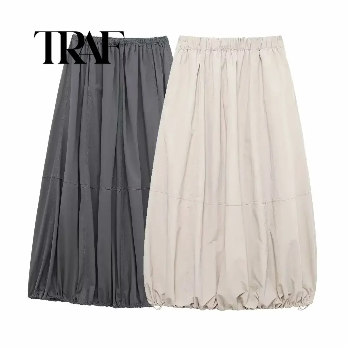 TRAF 2024 Spring Summer New Women\'s Fashion Mid length Workwear Style Elastic Waist Loose Nylon Skirt 4391421