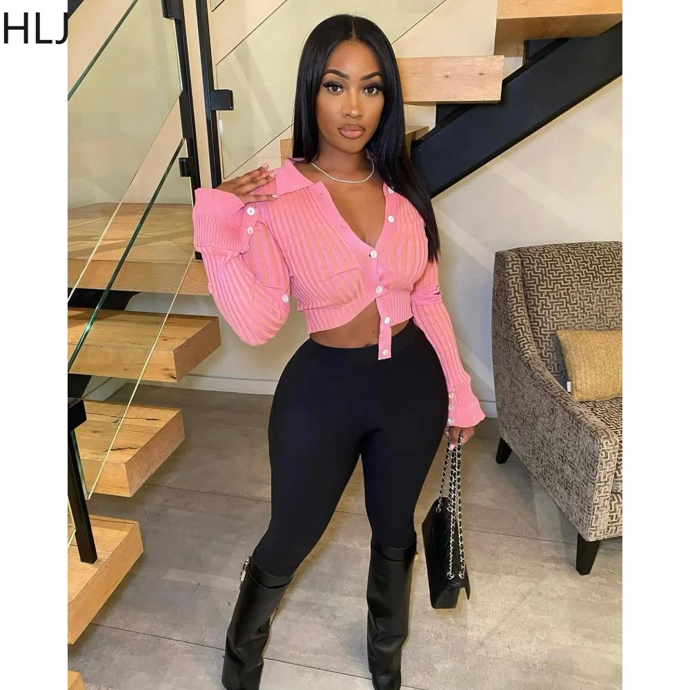 HLJ Pink Fashion Ribber Knitting Tops Women V Neck Long Sleeve Button Slim Clothing Sexy Female Solid Elasticity Top Streetwear