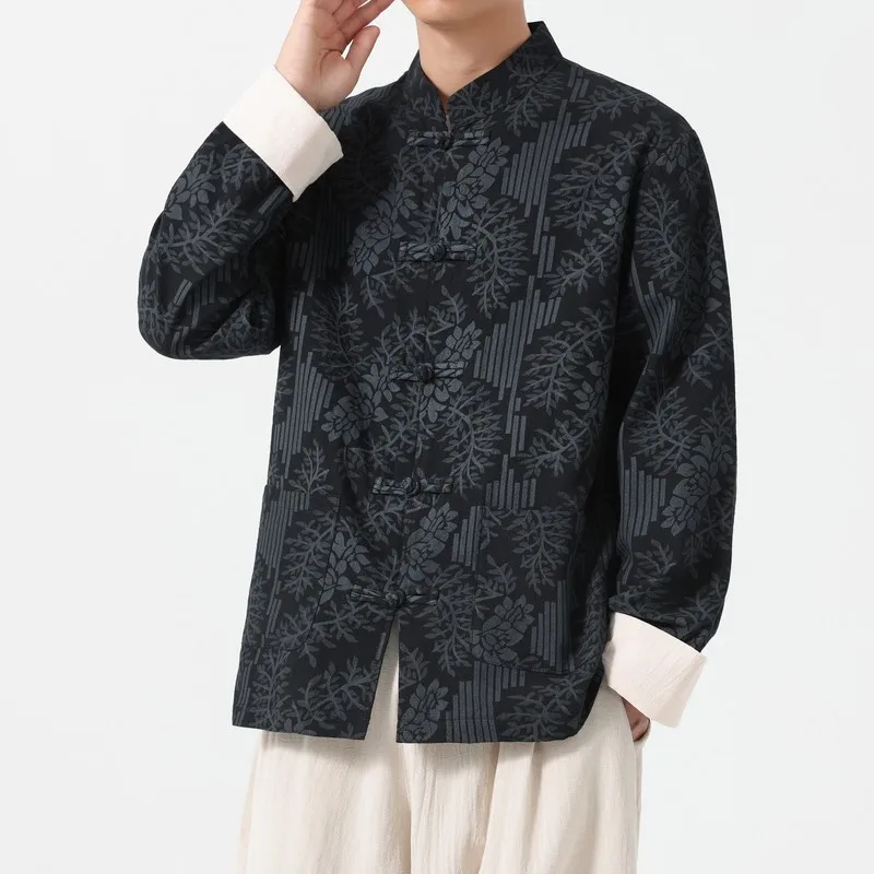 

Retro Button-Up Collar Jaet for Men New Chinese Sle Large Size Hanfu Outerwear Casual Busin Cotton Long Sve Spring