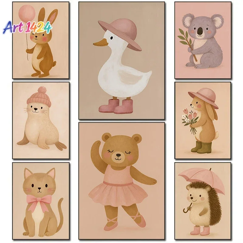 1pc frameless Nordic Art Cute Cartoon Animal Cat Fox Dog Bear Riding Bike Dance Embrace Poster Canvas Painting Children's Roo