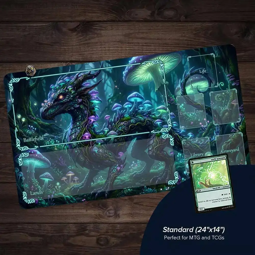 Leuchtende Pilz-Drachen MTG Spielmatte Fantasy-Wald TCG Kartenspiel-Matte