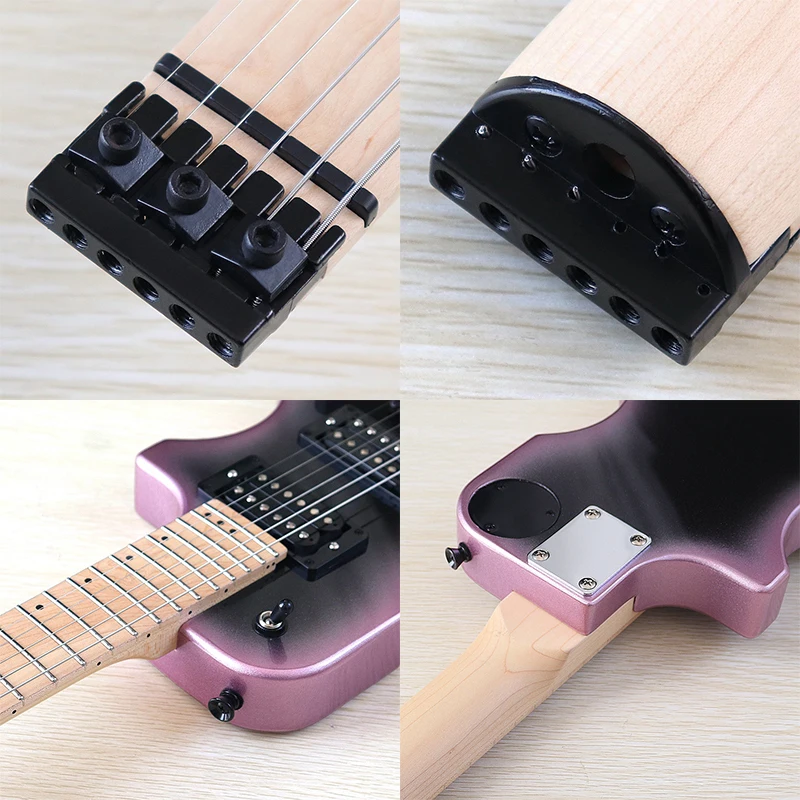 Mini Portable Guitar 30 Inch Headless Electric Guitar 6 String Travel Guitar Solid Basswood Body High Glossy Pink Blue & Green