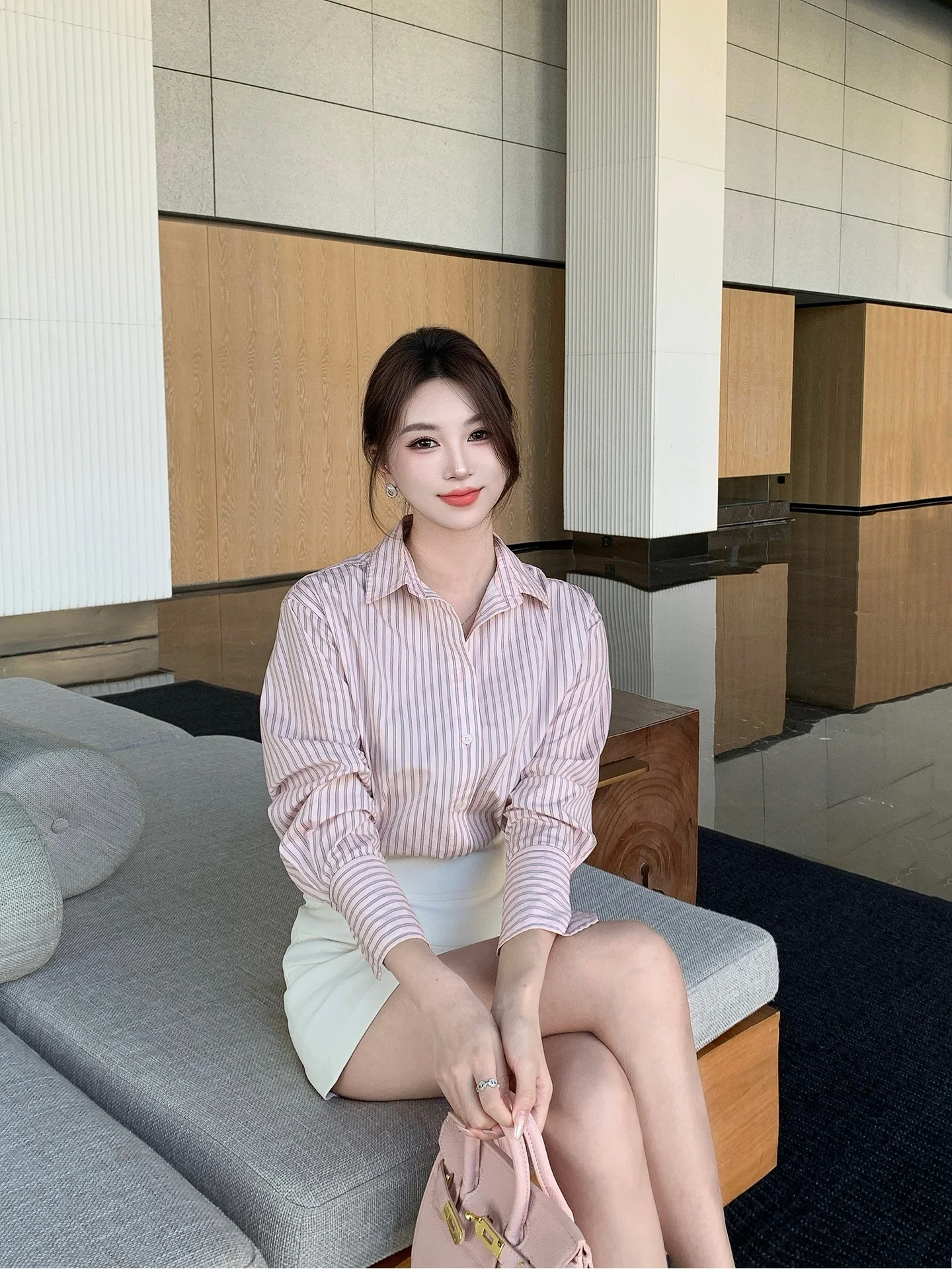 

Женская розовая полосатая рубашка Spring Commute Sle с завязками на талии, свободного кроя, с длинными рукавами, из хлопка, повседневный топ в корейском стиле