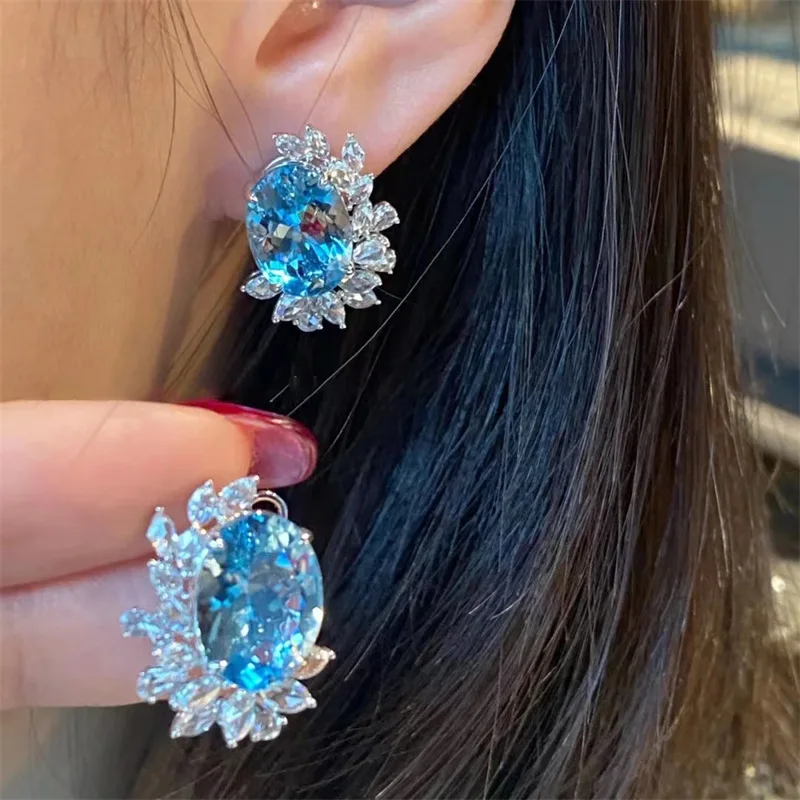 

New Luxury Sea Blue Zircon Senior Bright Earrings Women's Wedding Dance Fashion Jewelry Accessories Valentine's Day Gift