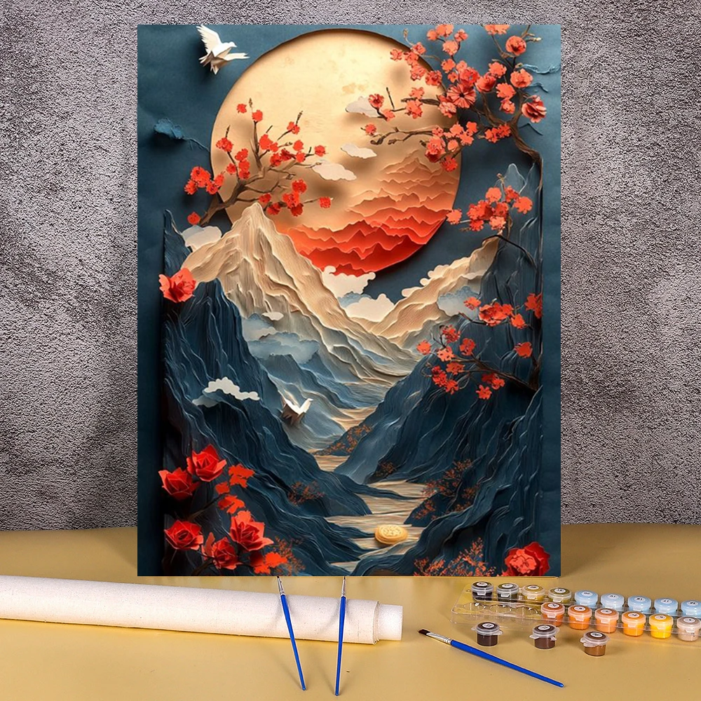 طلاء المناظر الطبيعية الكرتونية بالأرقام صورة تلوين جبل الشمس غير الإطار لوحة زيتية مرسومة يدويًا هدية ديكور المنزل