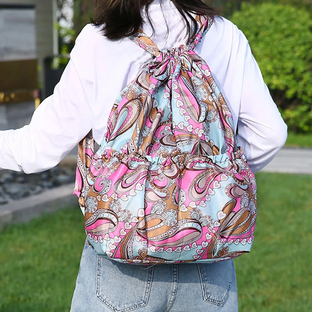 Drawstring Backpacks For Women Men Children Large Capacity Nylon Waterproof Flower Ethnic Style Rucksack Shoulders Travel Bags