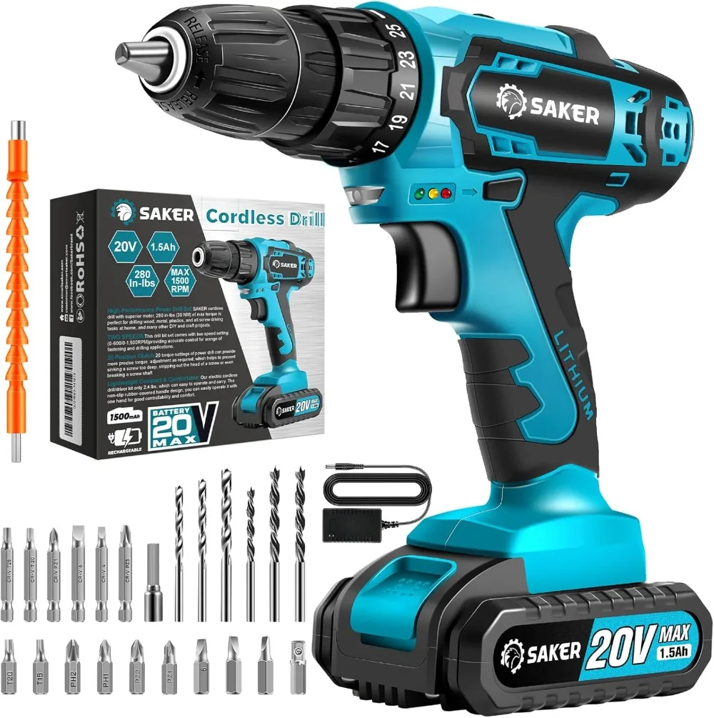 

Cordless Drill Set,20V Electric Drill with Drill/Screwdriver Bits, 3/8-Inch Keyless Chuck,2 Variable Speeds, 18+1 Torque Setting