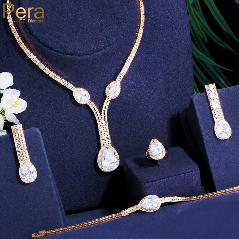 Pera Luxury African Gold Color 4Pcs Full Pave CZ Stone Long Pendant Necklace Earrings Set for Women Wedding Banquet Jewelry J171