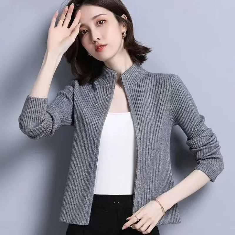 

Вязаный кардиган с воротником-стойкой для женщин, весна-осень 2022, новый облегающий свитер с длинными рукавами на молнии
