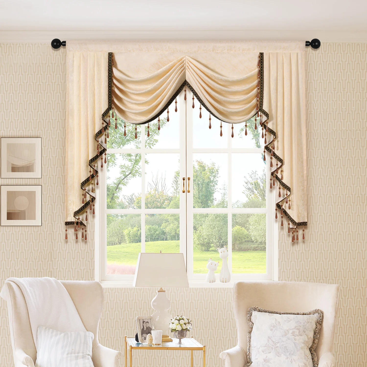 1pc European Luxury Style Chenille Fabric Waterfall Curtain Valance,Rod Pocket,Beige Fabric Beads Valance for Living Room