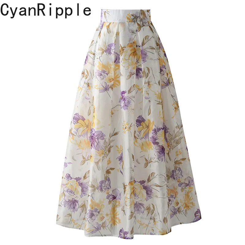 High Quality New Spring Summer Ultra Long Printed A-line Skirt Elegant High Waist All-match Women Bohemian Fairy Puff Skirts
