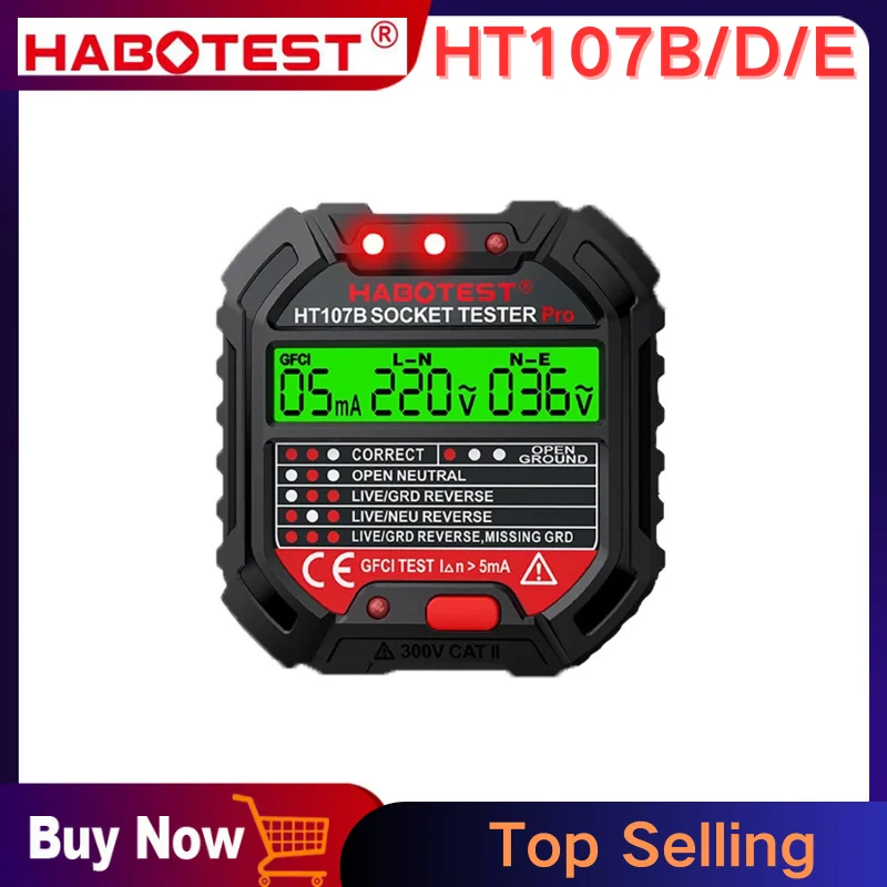 

HABOTEST HT107 Digital Socket Tester Voltage 30mA RCD Test Smart Detector EU US UK Plug Ground Zero Line Polarity Phase Check