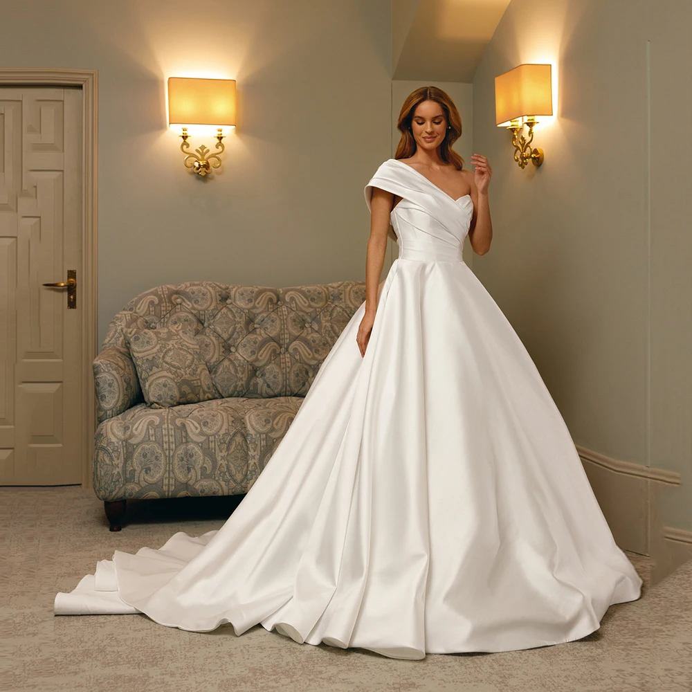 

Скромное атласное плиссированное свадебное платье с милым воротником по индивидуальному заказу, бальное платье на молнии, свадебное платье для невесты