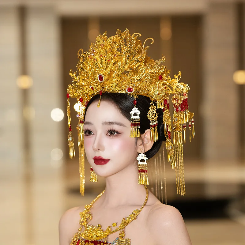 HIMSTORY Luxury Phoenix  Hair Crown Chinese Retro Xiuhe Hanfu Costume Headdress 2025 New Yellow Phoenix Hair Accessories