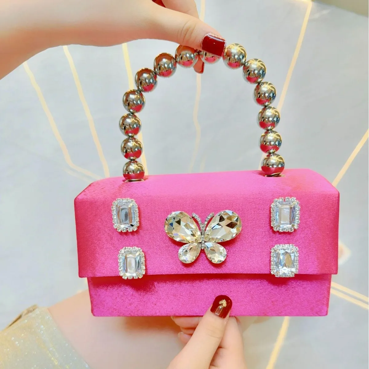 

Luxury Satin Square Box Women's Handbag Crystal Rhinestone Diamond Evening Clutch Purse Wedding Party Shoulder Crossbody Bag