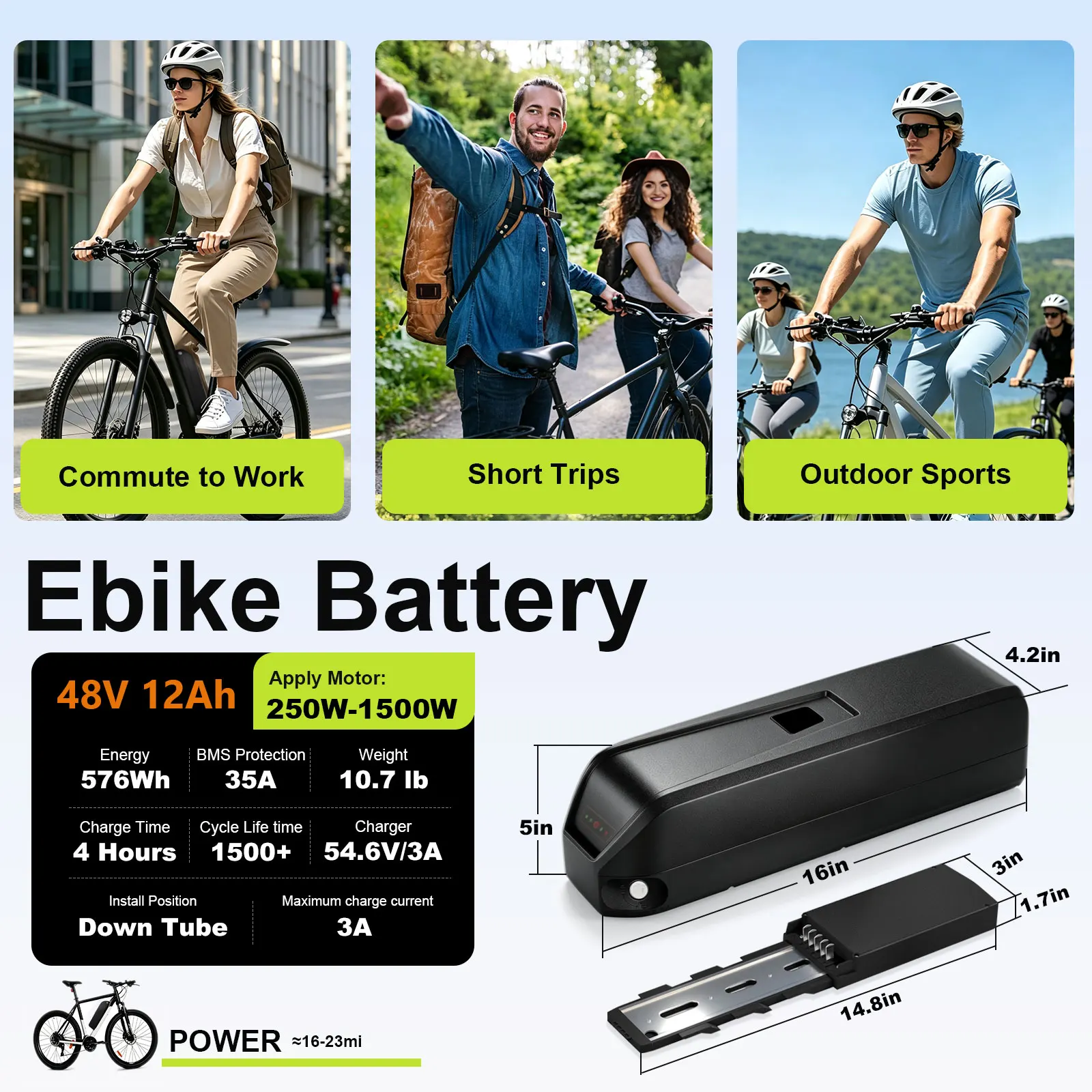 Lithium Ebike Battery 48V12Ah Replacement E-Bike Battery Pack with 5 Pin Base 35A BMS XT60 XT90 Connector Power Indicator Power Switch Safety Lock 54V3A Charger for Electric Bicycle 250W-1500W UL Certified Rechargeable Lithium Ion Battery