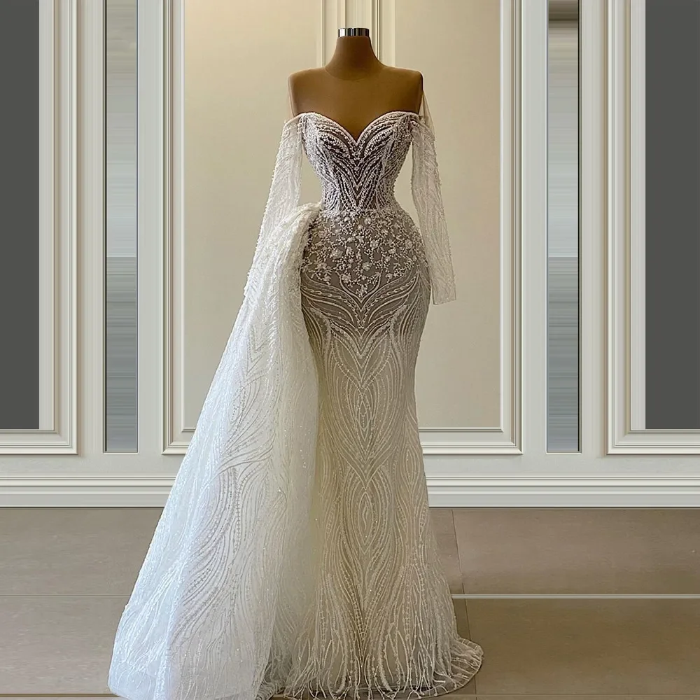 Elegant Lace Mermaid Wedding Dress Sexy Off Shoulder With Detachable Luxury Arabic Dubai Style Wedding Gown For Bride Customized