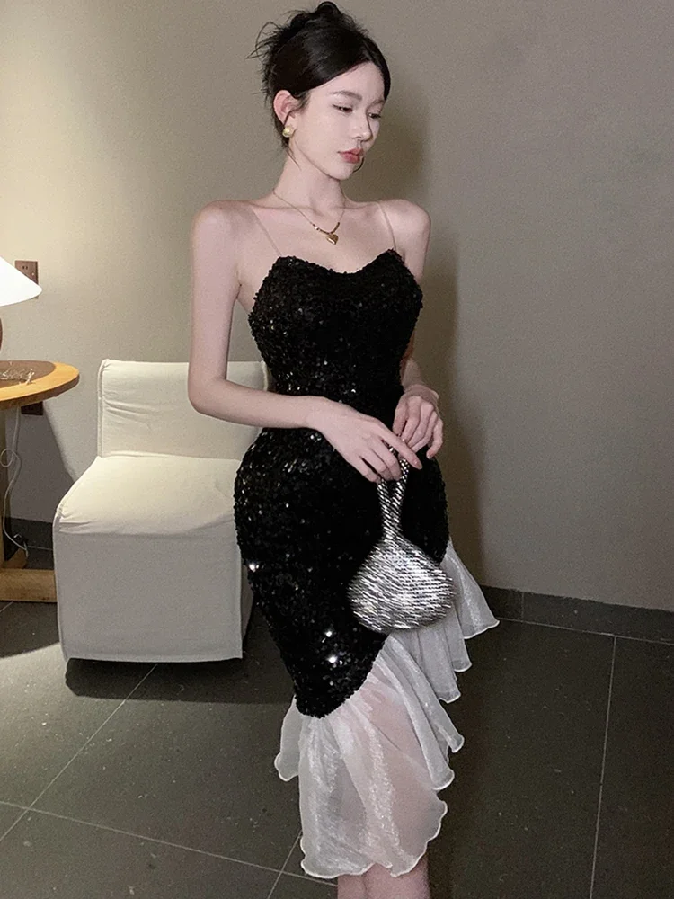 Black Sequins Patchwork White Mesh Ruffled Midi Dress Women Summer Fashion Chic Sling Sexy Dress 2024 Korean Vintage Party Dress