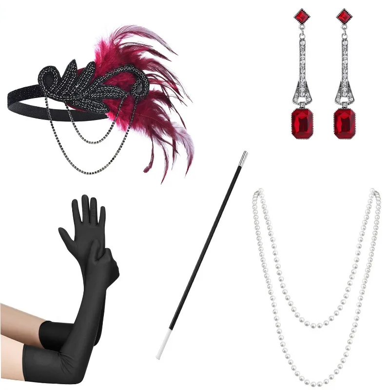 DMurcia Up Ball Wearing Feather Sauna Band, Gants, Boucles d'oreilles, Collier, Fille évasée, Testosterone, Accessoires pour la fête, 5 pièces, 1920s