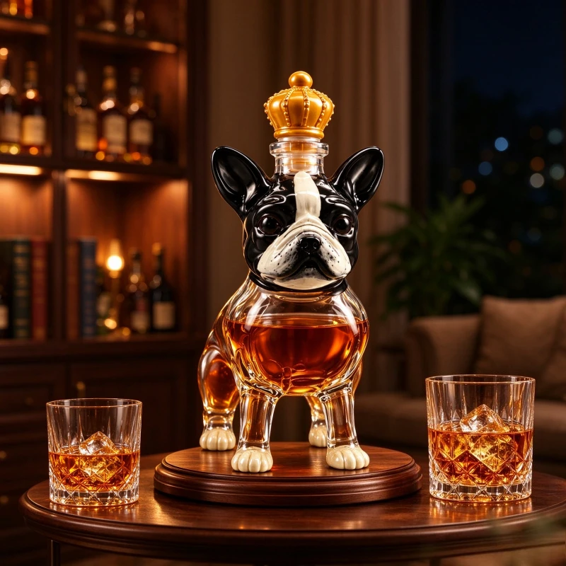 French Bulldog Glass Decanter Hand Painted Dog Head Crown Stopper Whiskey Bottle Bar Decor Gift