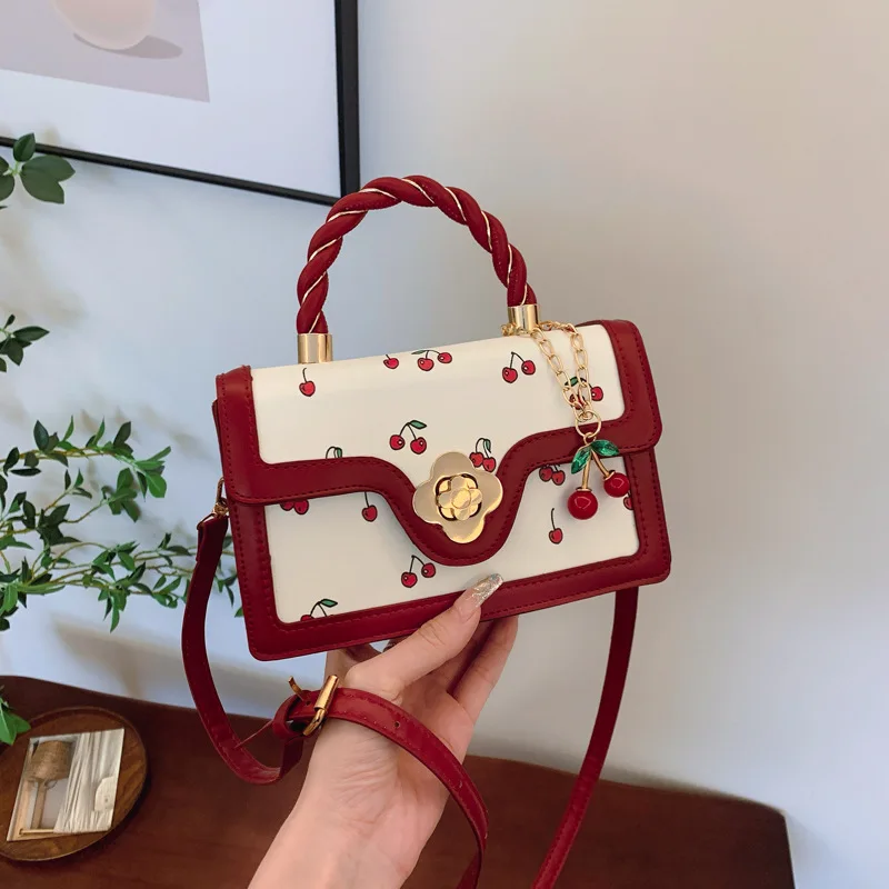 

Sweet Crossbody Bag Fashion Cherry Print Top-Handle Ladies Luxury Square Shoulder Bag Women High Quality Sling Purse