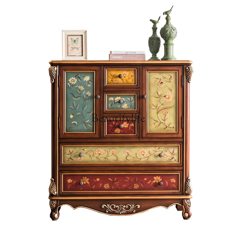 

American solid wood chest retro hand-painted storage living room light luxury storage decorative cabinet
